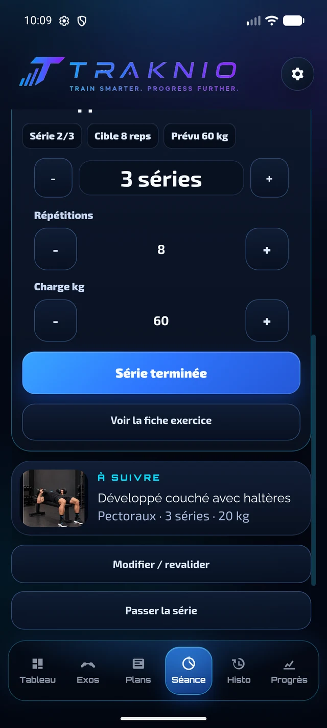 Capture authentique de la séance Traknio sur Android : séries, répétitions et charge